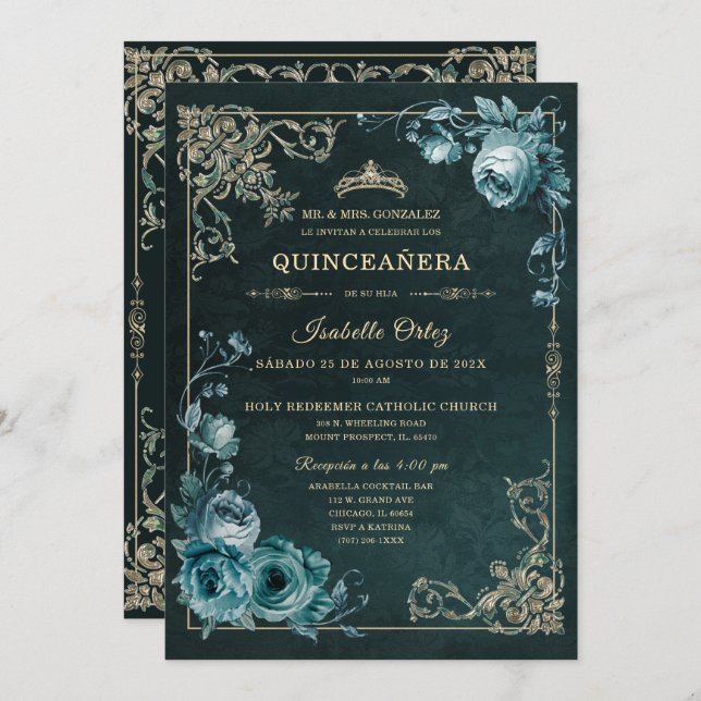 Quinceañera Colour Esmeralda y oro Invitation (Front/Back)