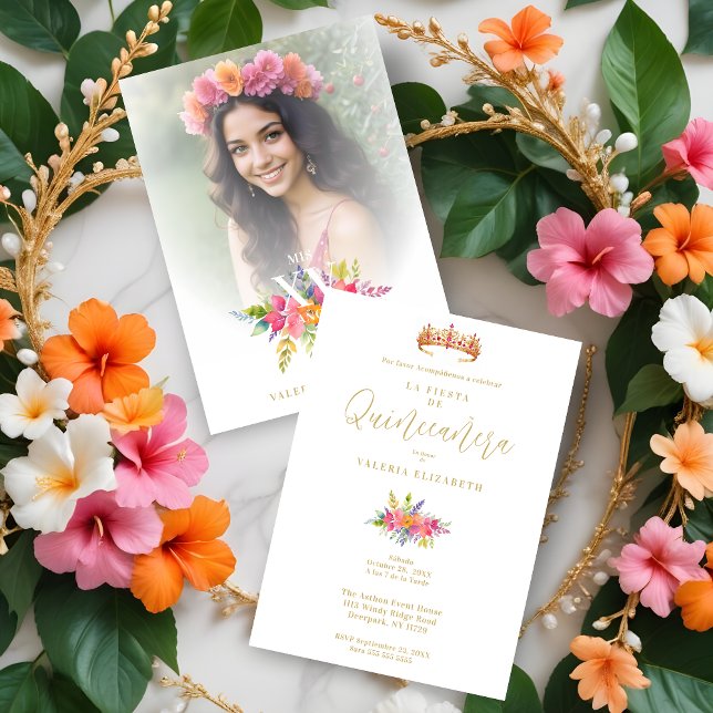 Quinceañera Colourful Flowers & Foliage Photo Invitation (Spanish Cherish Quinceañera Colorful Flowers & Foliage and Princess Tiara Photo Invitations Cards.)