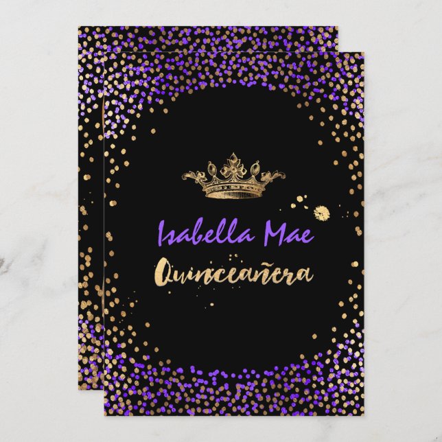 Quinceanera/Confetti/Neon Purple/Princess/Crown Invitation (Front/Back)