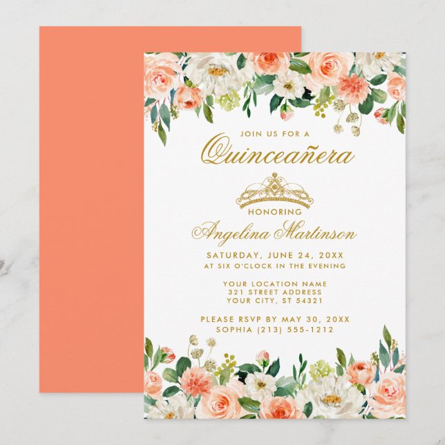 Quinceanera Coral Floral Gold Crown Invitation (Front/Back)