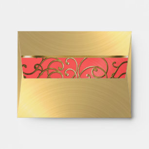 Quinceanera Coral Pink and Gold Filigree Swirls Envelope