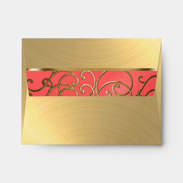 Quinceanera Coral Pink and Gold Filigree Swirls Envelope (Back (Top Flap))
