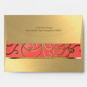 Quinceanera Coral Pink and Gold Filigree Swirls Envelopes