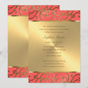 Quinceanera Coral Pink and Gold Filigree Swirls Invitation