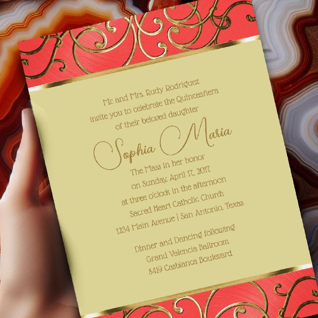 Quinceañera Coral Pink and Gold Filigree Swirls Invitation (Creator Uploaded)