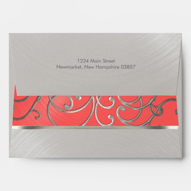 Quinceanera Coral Pink and Silver Filigree Swirls Envelope (Back (Top Flap))