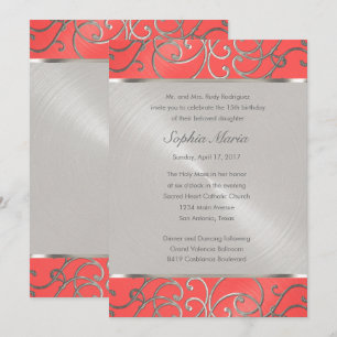 Quinceanera Coral Pink and Silver Filigree Swirls Invitation