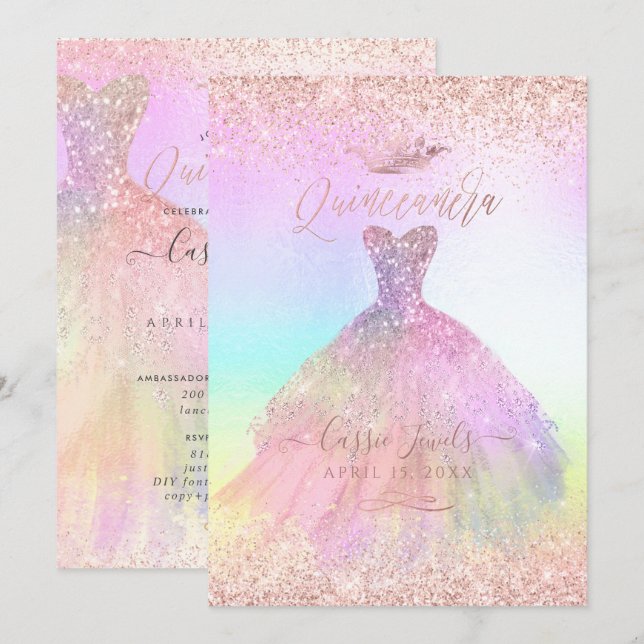 Quinceanera Cotton Candy Rose Gold Princess Crown Invitation (Front/Back)