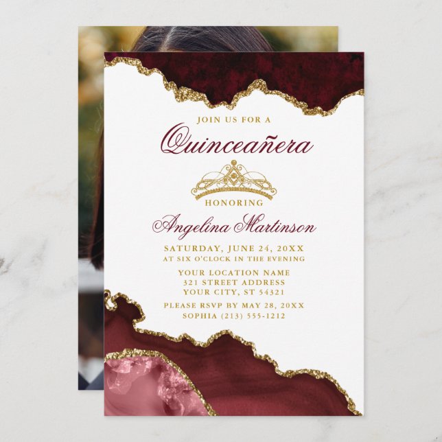 Quinceanera Crown Burgundy Gold Marble Photo Invitation (Front/Back)