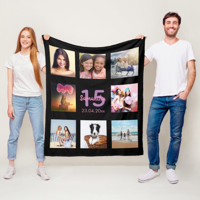 Quinceanera custom photo collage black name  fleece blanket (In Situ)