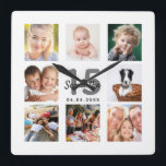 Quinceanera custom photo collage girl milestone square wall clock<br><div class="desc">A wall clock as a gift for a Quinceañera, 15th birthday for a girl, celebrating her life with a collage of 8 of your photos. Personalize and add a name, age 15 and a date. Date of birth or the date of the anniversary. Black and gray colored letters. A chic...</div>