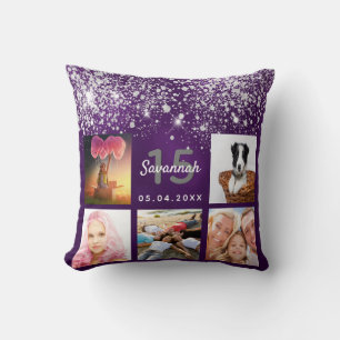 Quinceanera custom photo purple silver glitter cushion