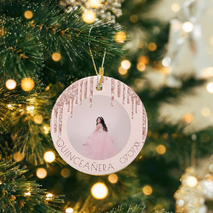 Quinceanera custom photo rose gold pink glitter ceramic ornament