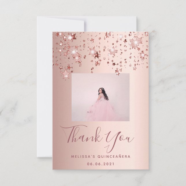 Quinceanera custom photo rose gold pink stars thank you card (Front)
