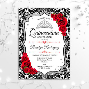 Quinceanera - Damask Red Silver Invitation