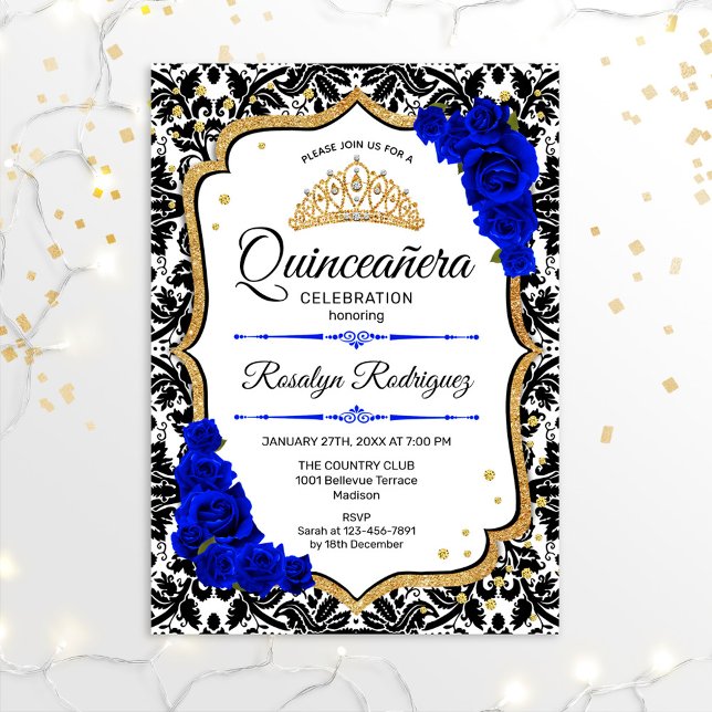 Quinceanera - Damask Royal Blue Gold Invitation (Creator Uploaded)