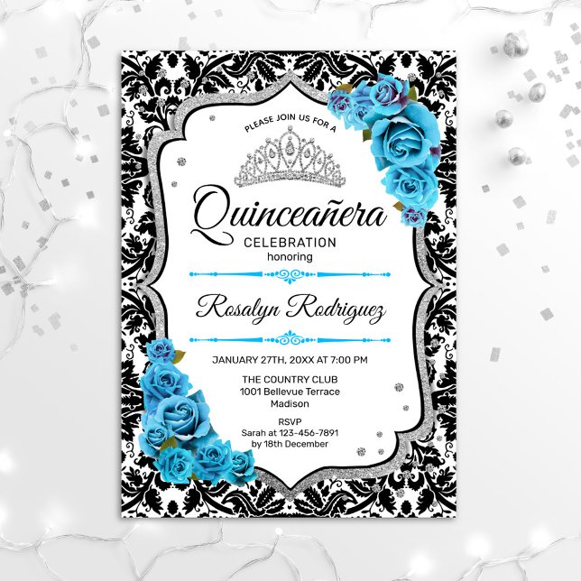 Quinceanera - Damask Silver Blue Invitation (Creator Uploaded)