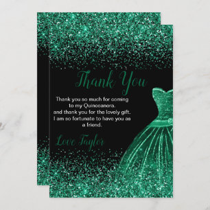 Quinceanera Dark Green Dress Faux Glitter Thank You Card
