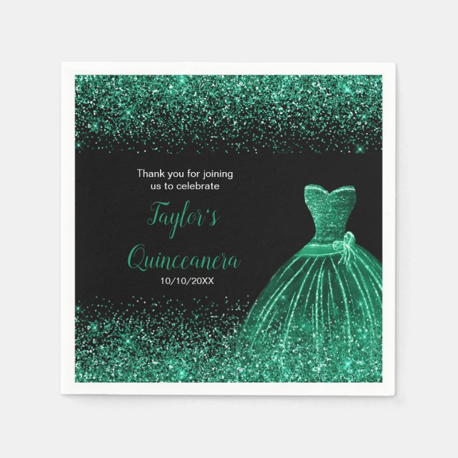 Quinceanera Dark Green Faux Glitter Napkin (Front)