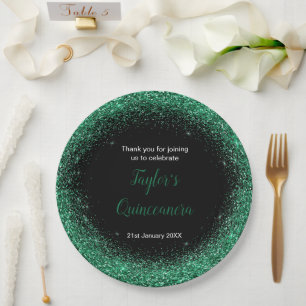 Quinceanera Dark Green Faux Glitter Paper Plate