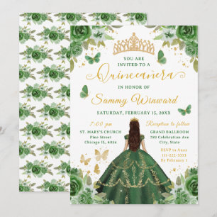 Quinceañera Dark Green Princess Brunette Girl Invitation