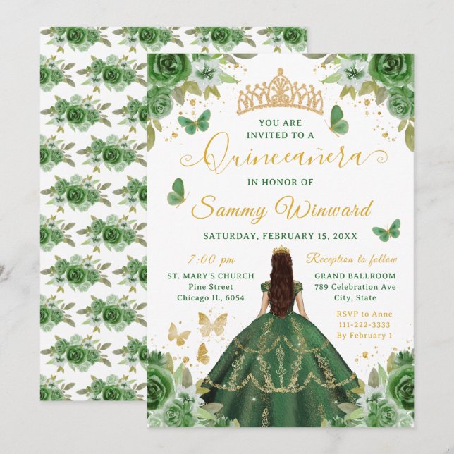 Quinceañera Dark Green Princess Brunette Girl Invitation (Front/Back)