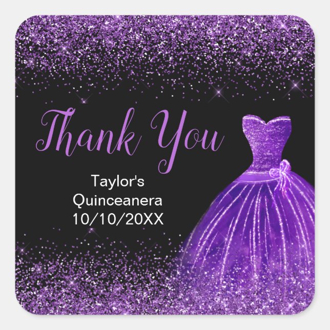 Quinceanera Dark Purple Dress Faux Glitter Square Sticker (Front)