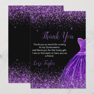Quinceanera Dark Purple Dress Faux Glitter Thank You Card