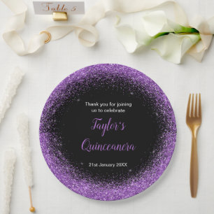 Quinceanera Dark Purple Faux Glitter Paper Plate