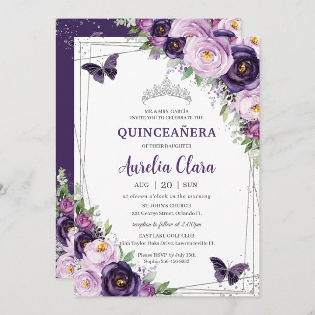 Quinceañera Dark Purple Lilac Floral Butterflies  Invitation (Front/Back)