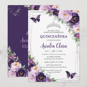 Quinceañera Dark Purple Lilac Floral Butterflies  Invitation