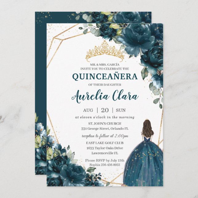 Quinceañera Dark Teal Peacock Floral Princess  Invitation (Front/Back)