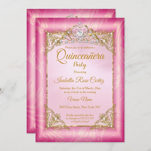 Quinceanera deep Pink Damask photo Gold Tiara Invitation (Front/Back)
