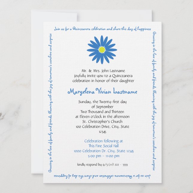Quinceanera Delightful Daisy Message Text Blue Invitation (Front)