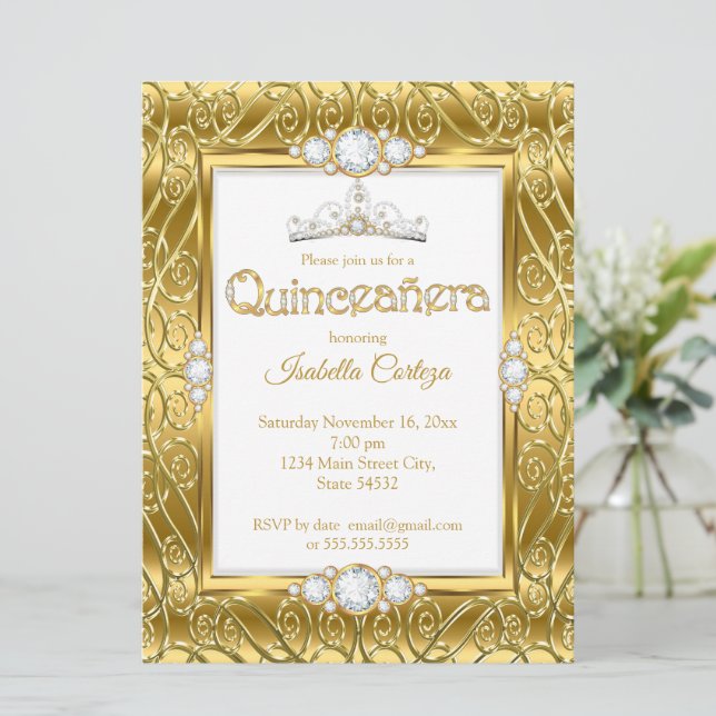 Quinceanera Diamond Gem Gold Birthday Party Invitation (Standing Front)