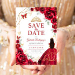 Quinceanera Dress Red Roses Gold Save The Date<br><div class="desc">Red,  gold and white Quinceanera celebration save the date. Features,  brunette girl in ball gown dress script font,  gold butterflies,  watercolor roses and tiara. Perfect for an elegant princess style glam celebration. Personalize with your own details. Printed Zazzle cards or instant download digital printable template.</div>