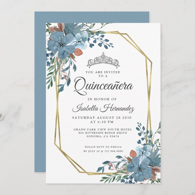 Quinceanera Dusty Blue Floral Gold Frame Invitation (Front/Back)