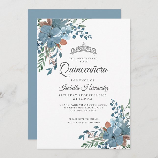 Quinceanera Dusty Blue Floral Greenery Invitation (Front/Back)