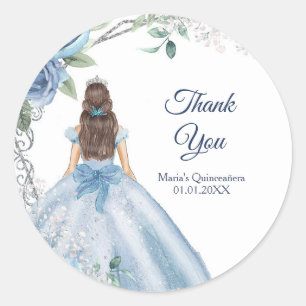 Quinceañera Dusty Blue Floral Thank You Classic Round Sticker