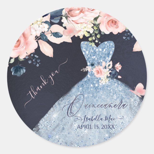 Quinceanera Dusty Blue Glitter Gown Blush Roses  Classic Round Sticker (Front)