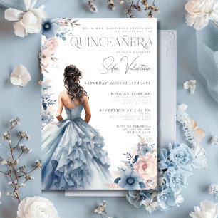 Quinceañera Dusty Blue Gown Pink Floral Brunette Invitation