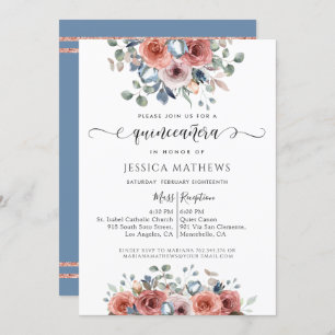 Quinceañera Dusty Blue Pink Gold Blissful Floral Invitation