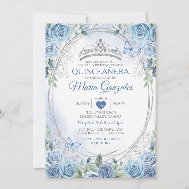Quinceañera Dusty Blue & Silver Crown Butterfly Invitation (Front)