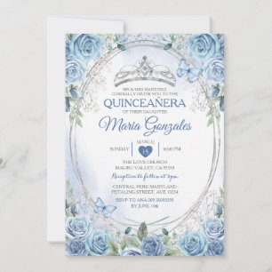 Quinceañera Dusty Blue & Silver Crown Butterfly Invitation