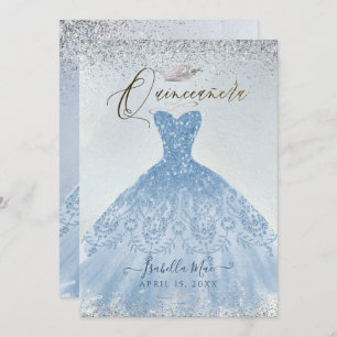 Quinceanera Dusty Blue+Silver Glitter Gown Invitation