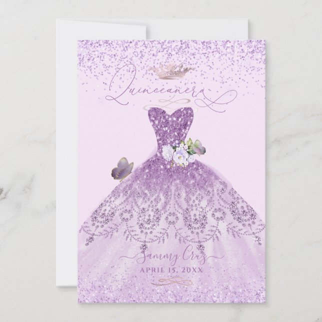 Quinceanera Dusty Lilac Purple Silver Glitter Gown Invitation (Front)