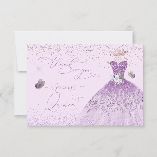 Quinceanera Dusty Lilac Purple Silver Glitter Gown Thank You Card (Front)