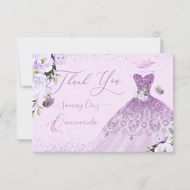 Quinceanera Dusty Lilac Purple Silver Glitter Gown Thank You Card (Front)