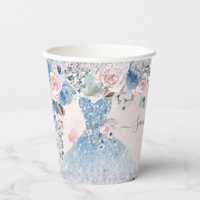 Quinceanera Dusty Rose Blue Peonies Flowers Paper  Cups (Front)