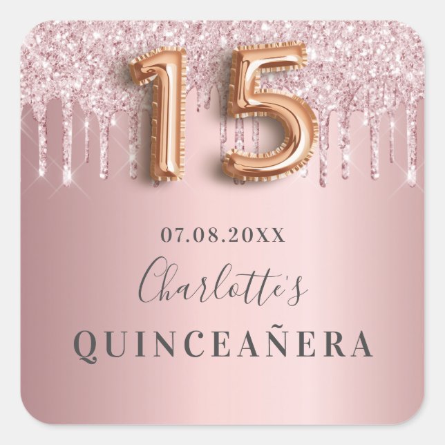 Quinceanera dusty rose pink glitter monogram square sticker (Front)